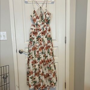 Francesca's Collections Cream Maxi Dress with Brown Floral and Green Leaves